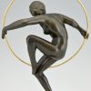 Art Deco bronzen sculptuur dansend naakt met hoepel