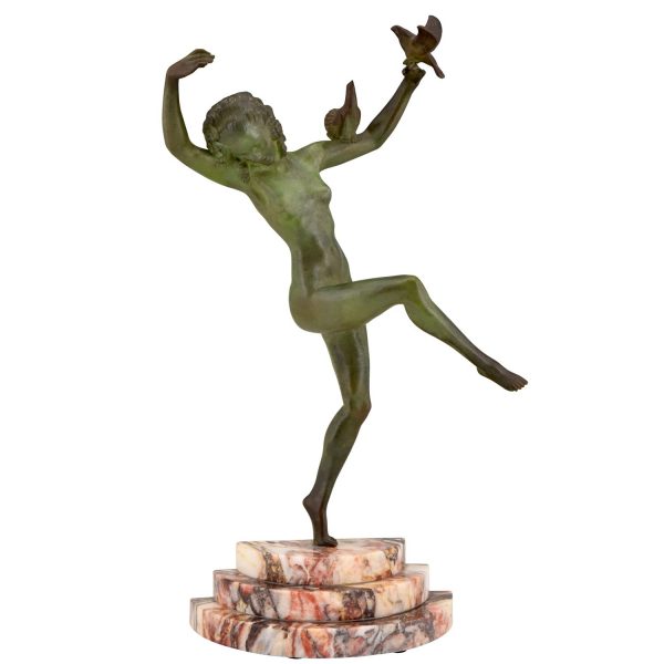 Art Deco bronzen sculptuur dansend naakt met vogels