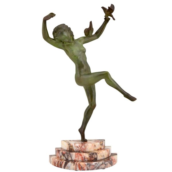 Art Deco bronze sculpture of dancing nude with birds