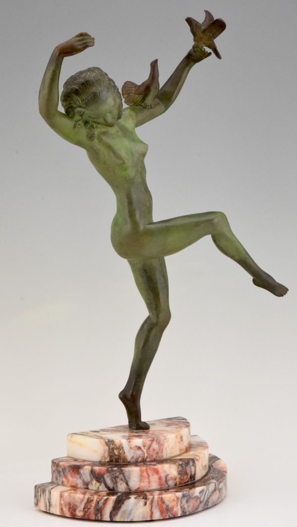 Art Deco bronze sculpture of dancing nude with birds