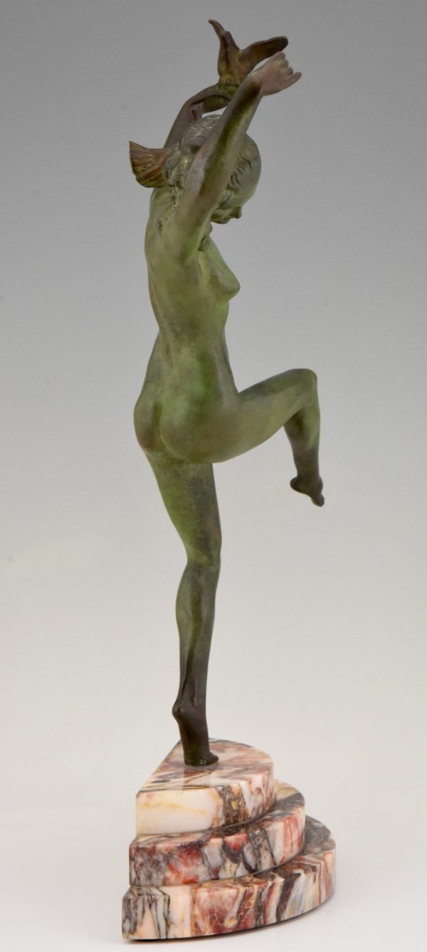 Art Deco bronze sculpture of dancing nude with birds