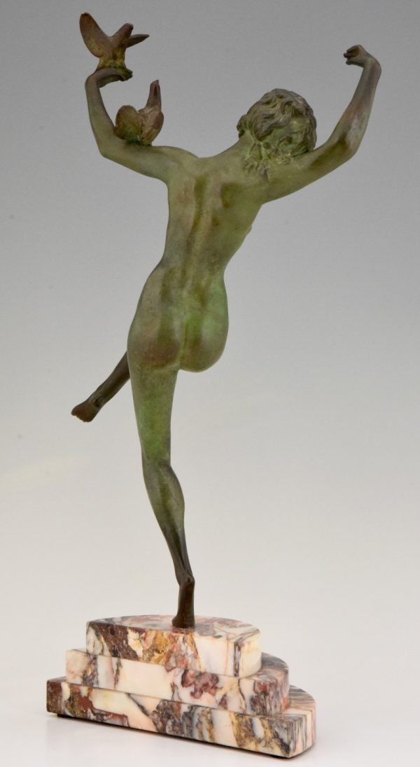 Art Deco bronze sculpture of dancing nude with birds