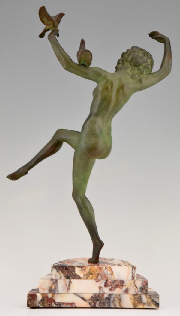 Art Deco bronze sculpture of dancing nude with birds