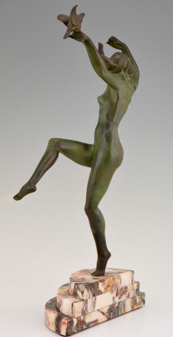 Art Deco bronze sculpture of dancing nude with birds