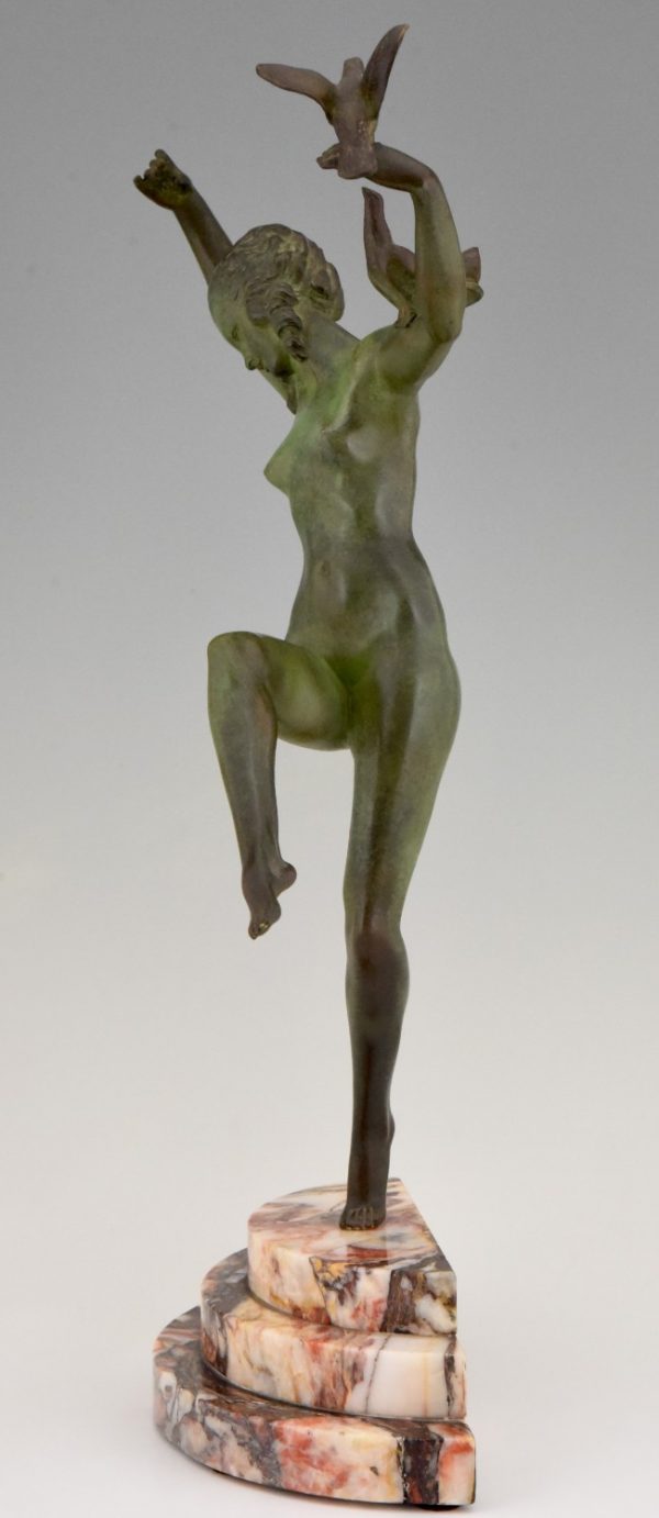 Art Deco bronze sculpture of dancing nude with birds