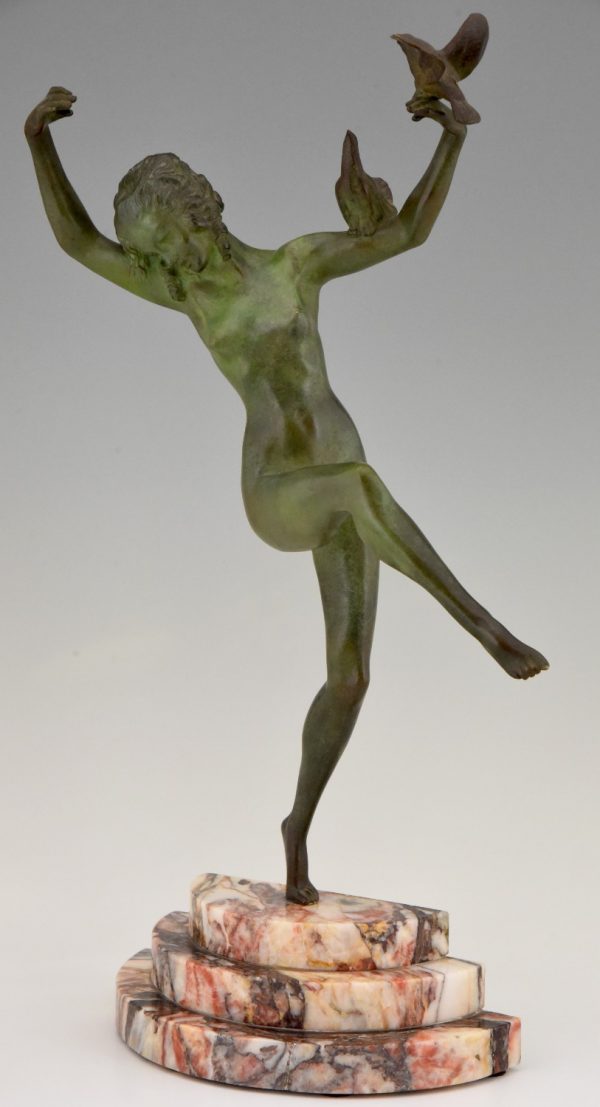 Art Deco bronze sculpture of dancing nude with birds