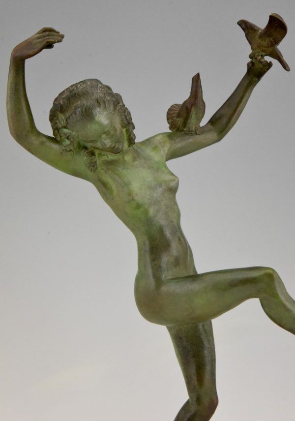 Art Deco bronze sculpture of dancing nude with birds