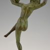 Art Deco bronzen sculptuur dansend naakt met vogels