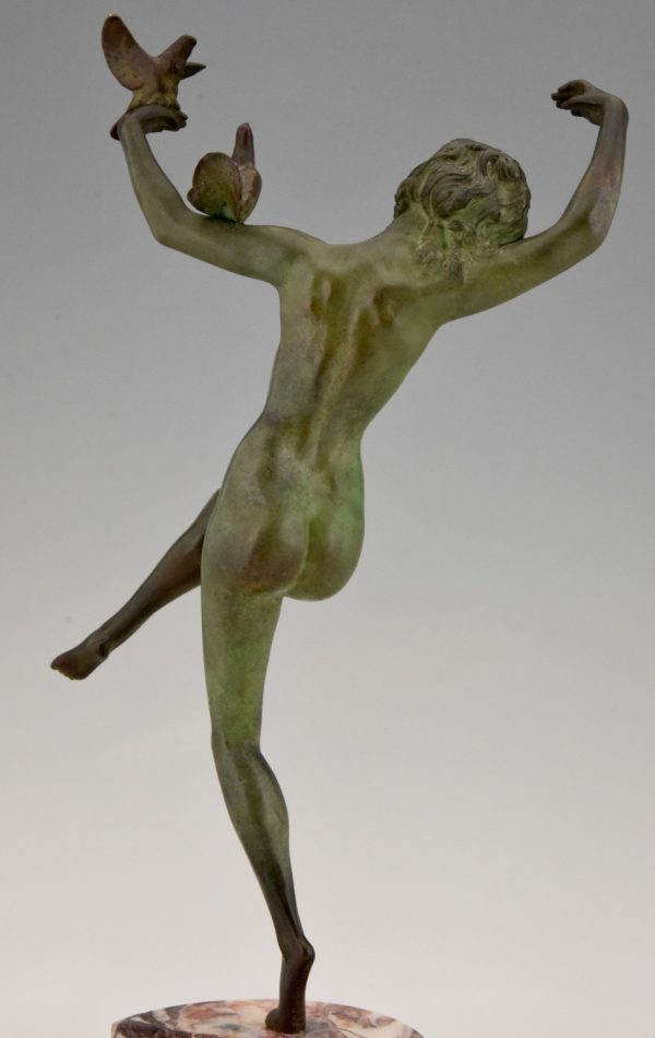 Art Deco bronze sculpture of dancing nude with birds