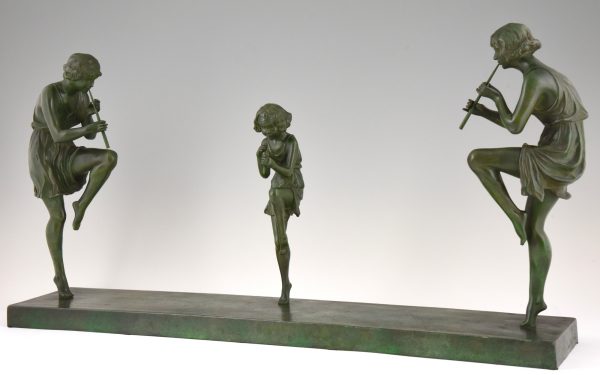 Art Deco bronzen beeld 3 fluitspelende vrouwen