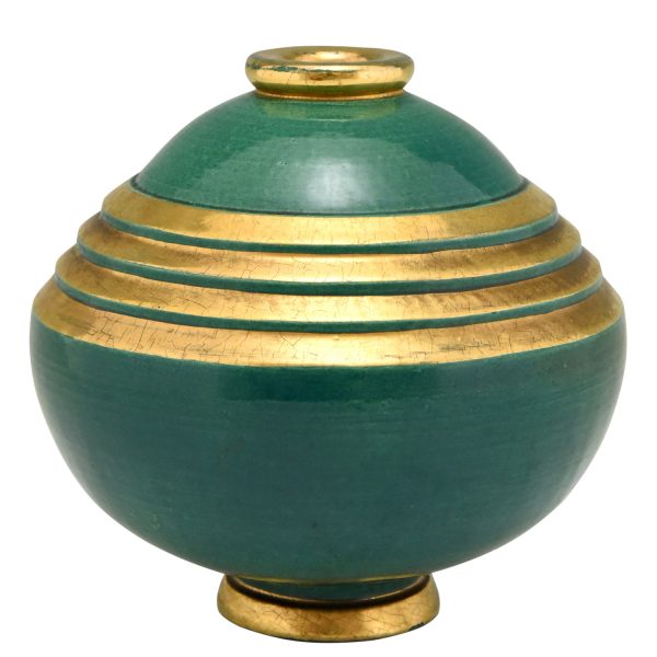 Vase Art Deco céramique vert et or