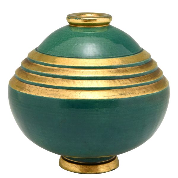 Art Deco Vase Keramik Grün und Gold