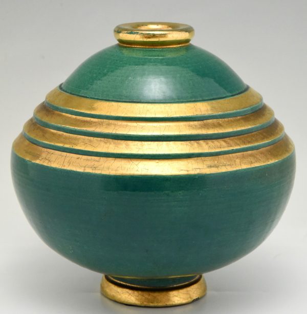 Art Deco Vase Keramik Grün und Gold