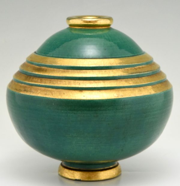 Art Deco Vase Keramik Grün und Gold