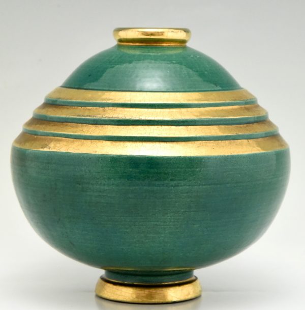 Art Deco Vase Keramik Grün und Gold