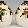 Art Deco pair of crackle and enamel globe vase