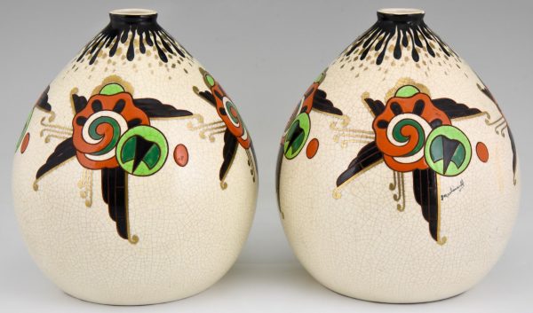 Art Deco pair of crackle and enamel globe vase