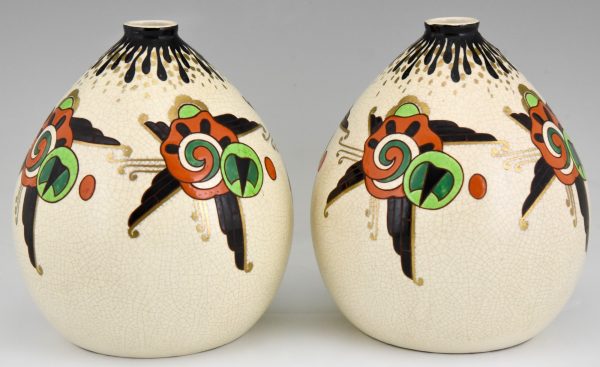 Art Deco pair of crackle and enamel globe vase