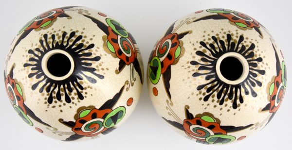 Art Deco pair of crackle and enamel globe vase