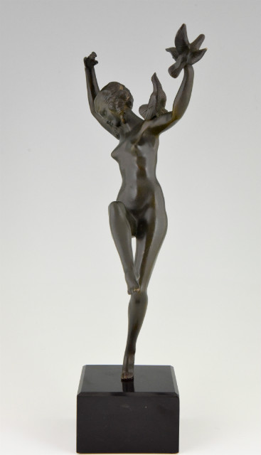 Art Deco bronze nude dancer with birds