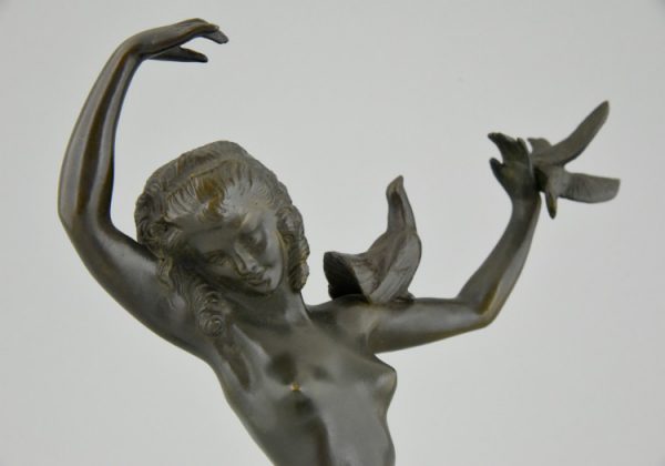 Art deco bronzen danseres, naakt met vogels