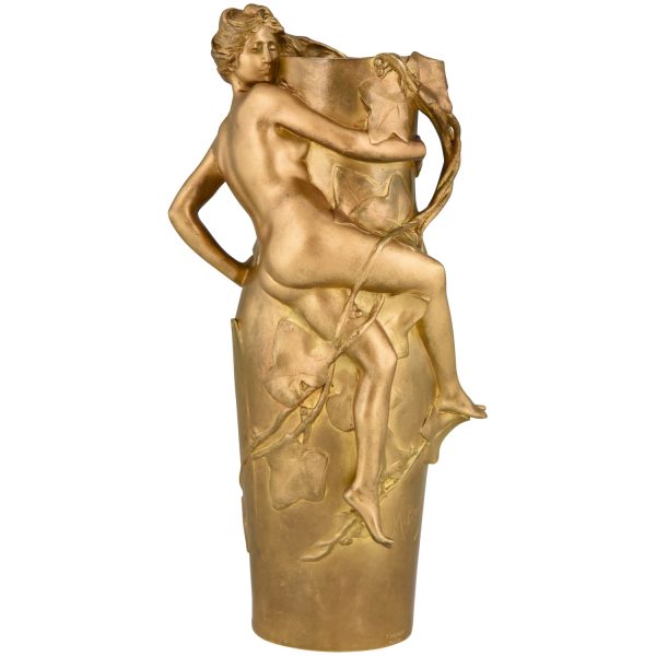 Art Nouveau vase en bronze doré avec femme nue