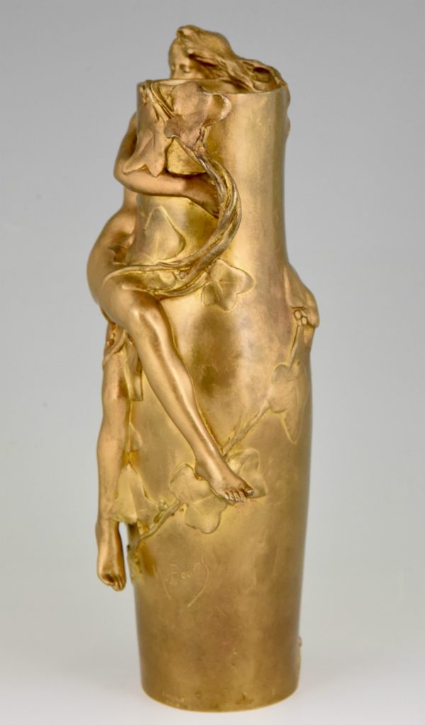 Jugendstil Vase Bronze vergoldet mit Frau und Blätter