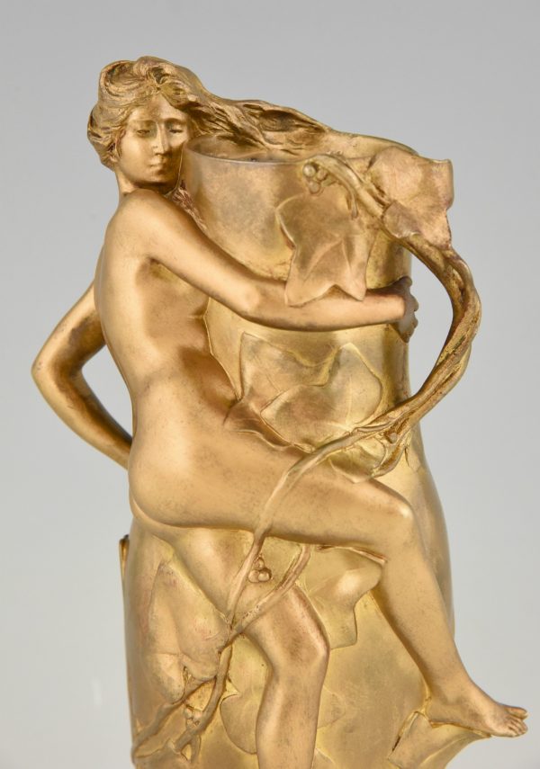 Jugendstil Vase Bronze vergoldet mit Frau und Blätter