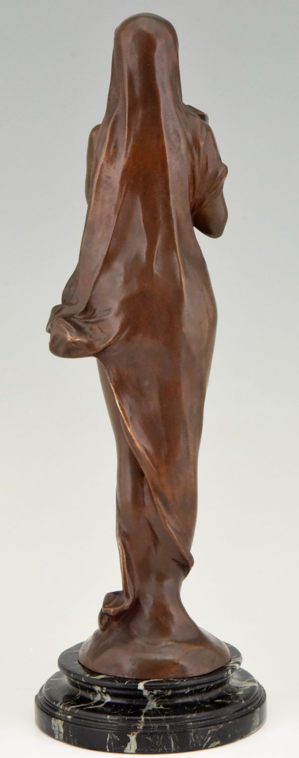 Le Secret Art Nouveau bronze sculpture nude with casket