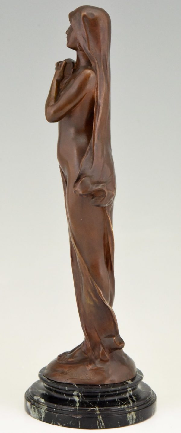 Le Secret Art Nouveau bronze sculpture nude with casket