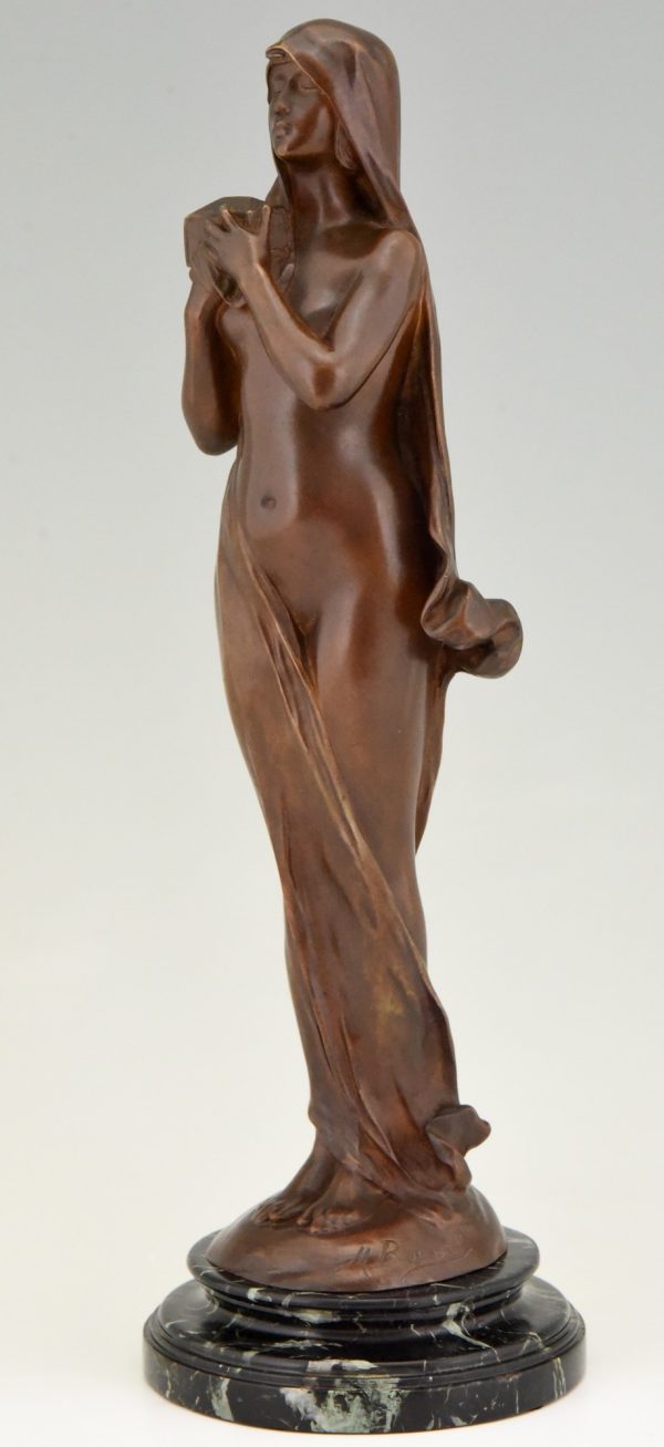 Le Secret Art Nouveau bronze sculpture nude with casket