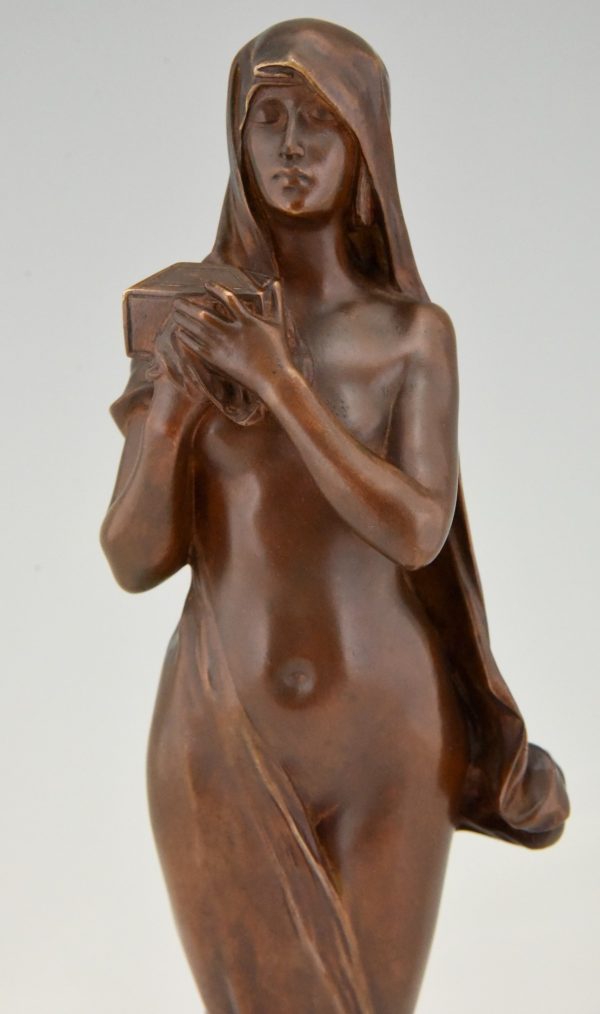 Le Secret Art Nouveau bronze sculpture nude with casket