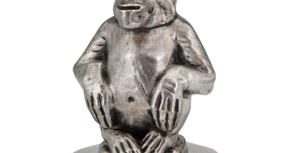 Art Deco bronzen sculptuur auto mascotte aap chimpansee