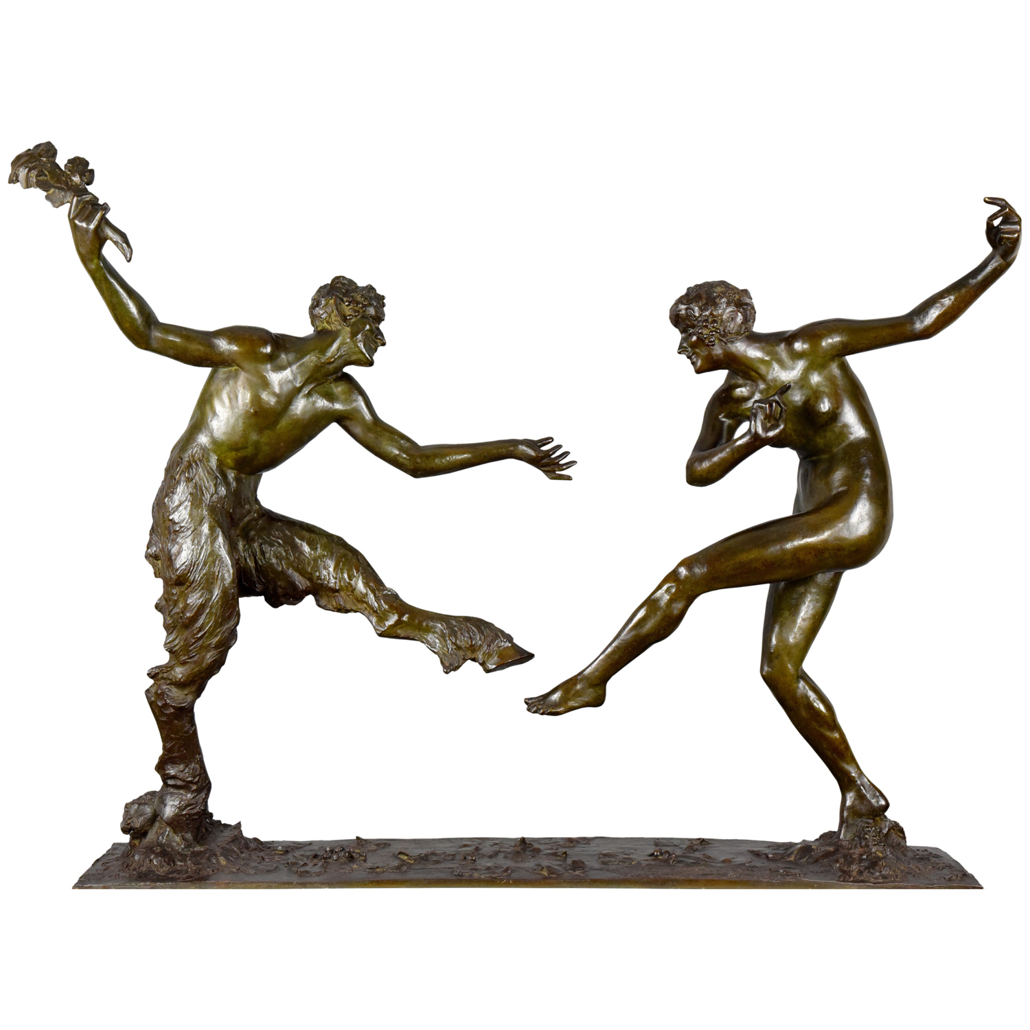 Groot Art Deco bronzen beeld naakte vrouw dansend met sater