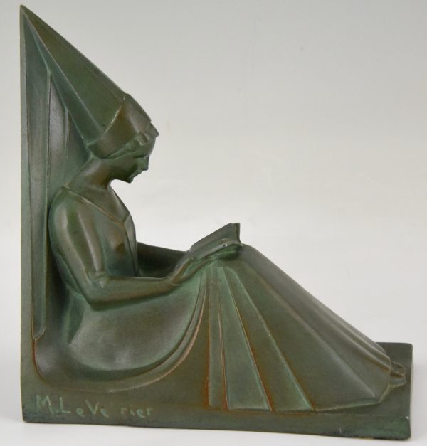 Art Deco bookends reading Medieval ladies