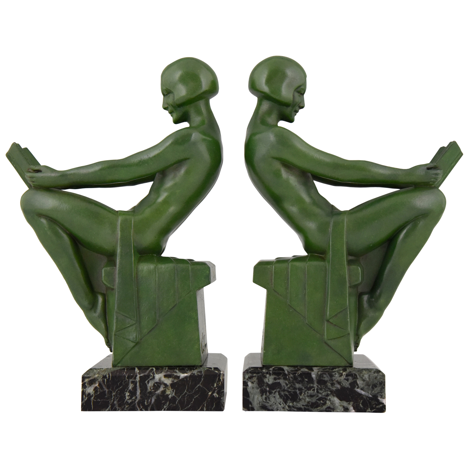Art Deco boekensteunen lezende naakte vrouwen Art Deco boekensteunen lezende naakte vrouwen