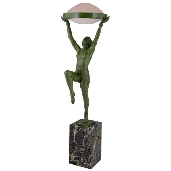 Art Deco bronze lamp female dancer holding a glass shade