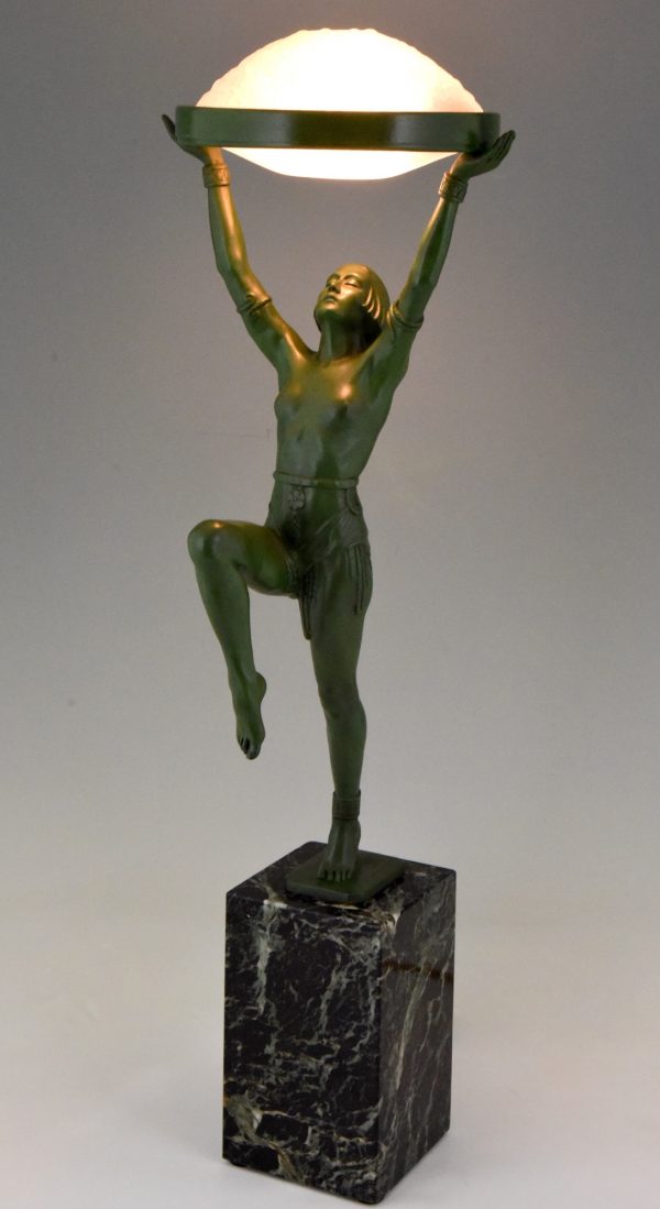 Art Deco bronze lamp female dancer holding a glass shade