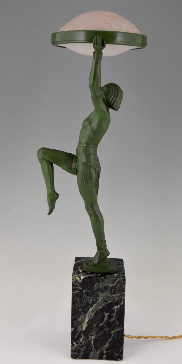 Art Deco bronze lamp female dancer holding a glass shade