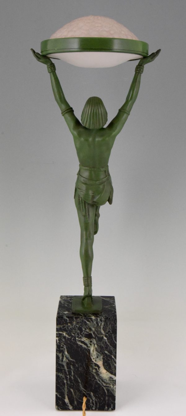 Art Deco bronze lamp female dancer holding a glass shade