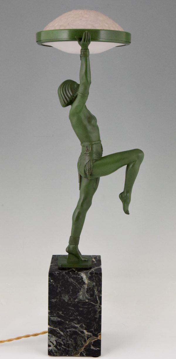 Art Deco bronze lamp female dancer holding a glass shade