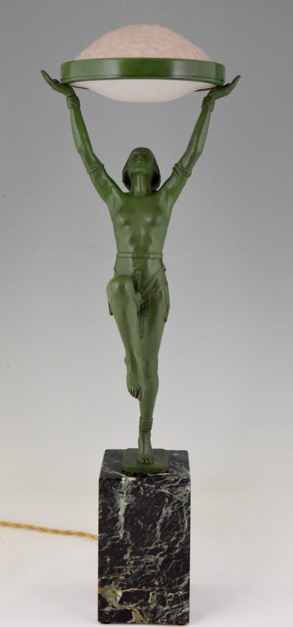 Art Deco bronze lamp female dancer holding a glass shade