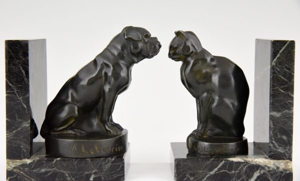 Art Deco Buchstütze Bulldogge und Katze