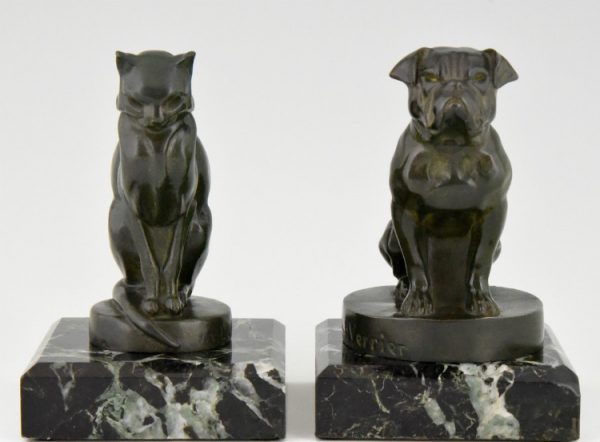 Art Deco boekensteunen bulldog en kat