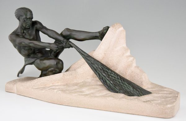 Sculpture Art Deco pêcheur nu masculin