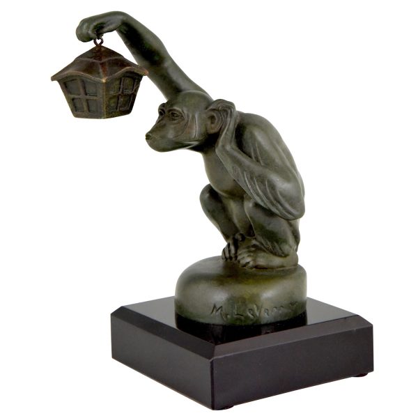 Art Deco sculptuur aap met lantaarn auto mascotte