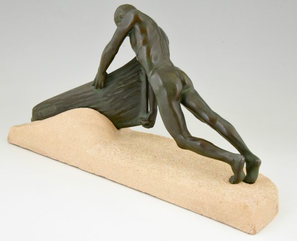Art Deco sculpture male nude fisherman with boat