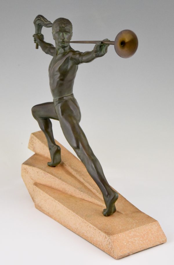 Art Deco sculpture male nude with trumpet and torch