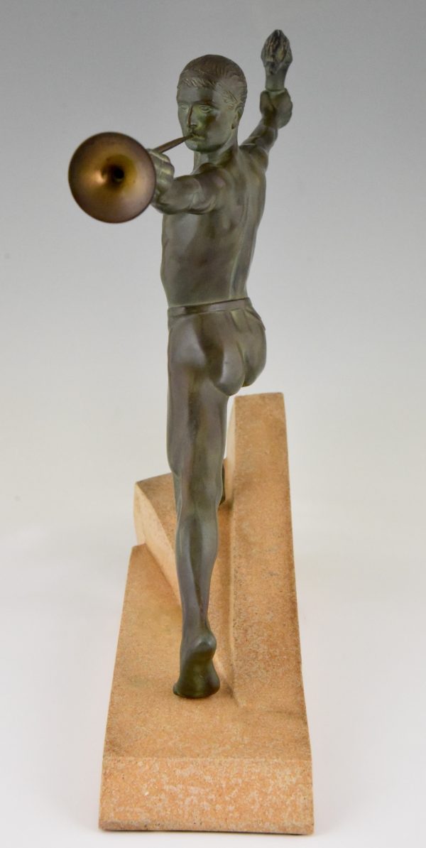 Art Deco sculpture male nude with trumpet and torch