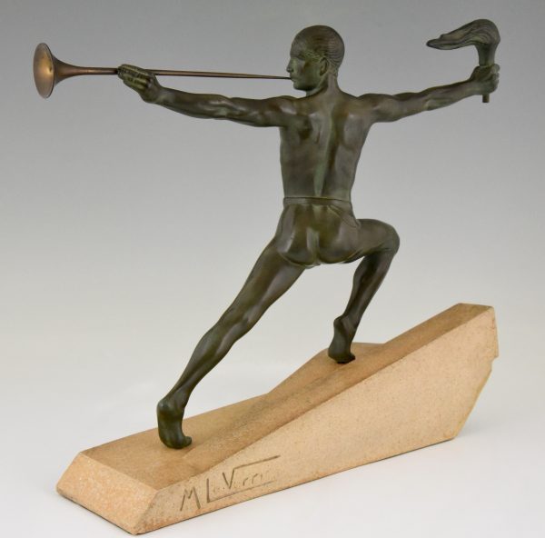 Art Deco sculpture male nude with trumpet and torch